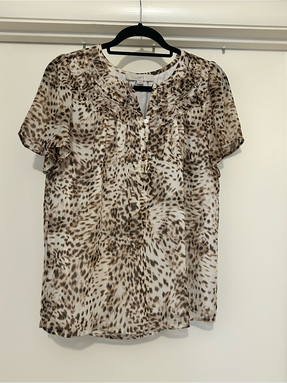 LOFT Cream and Brown Animal-Print Short Sleeve Blouse